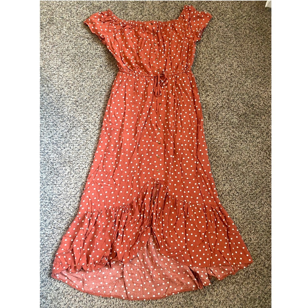 Indigo Rose Dress Womens PS Rust Polka Dot Off Shoulder High Low Ruffle Boho